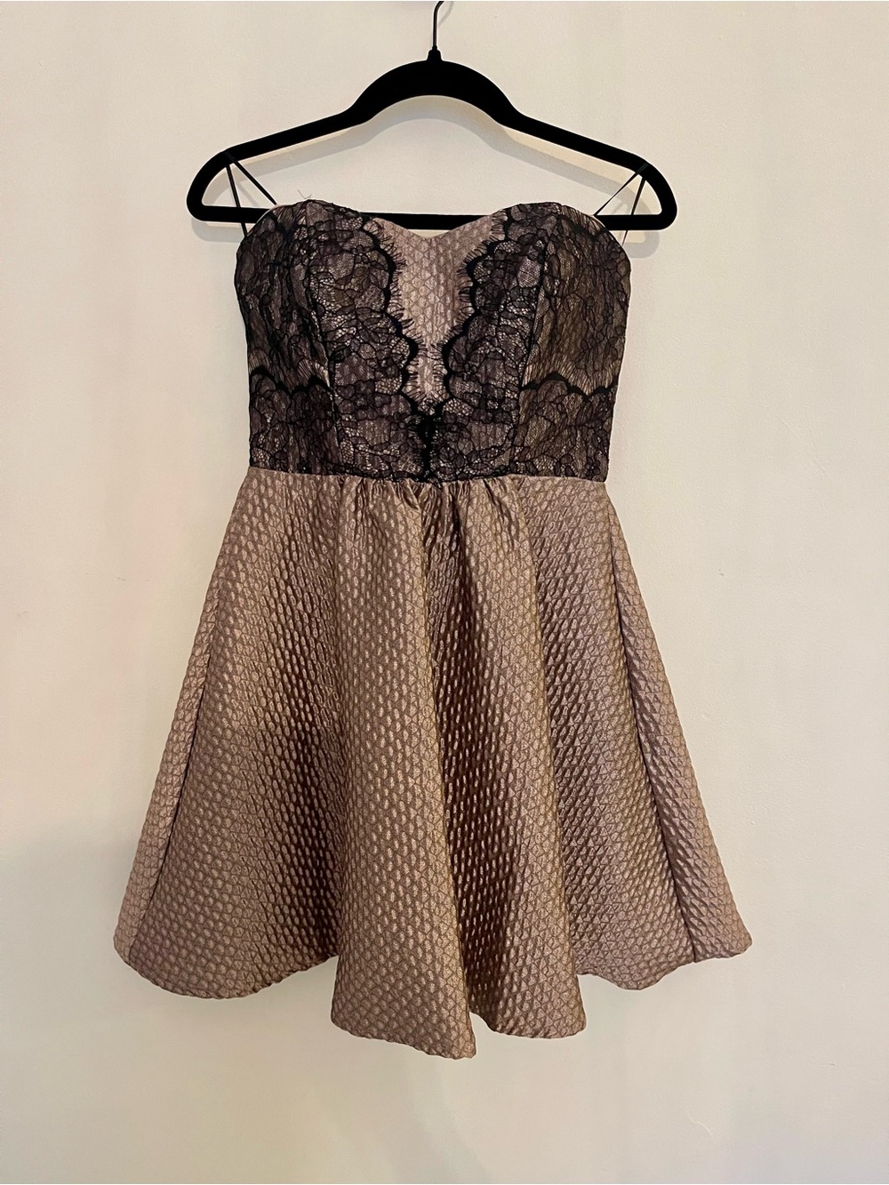 ASTR Strapless Metallic Rose Gold & Black Lace Occasion Dress